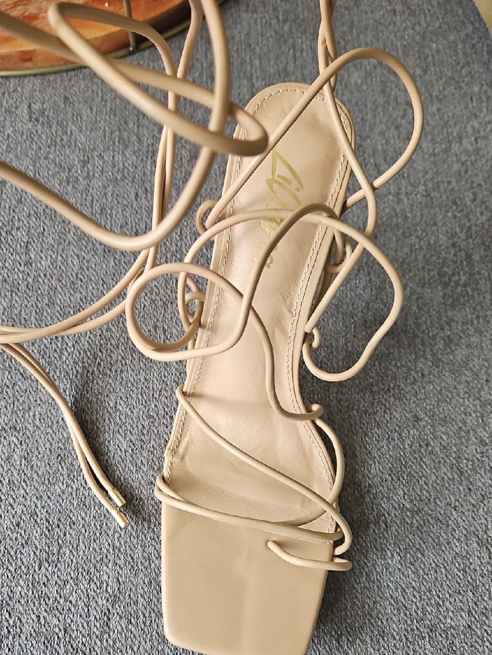 Liliana Nude Lace-Up Square Toe Gold Heels